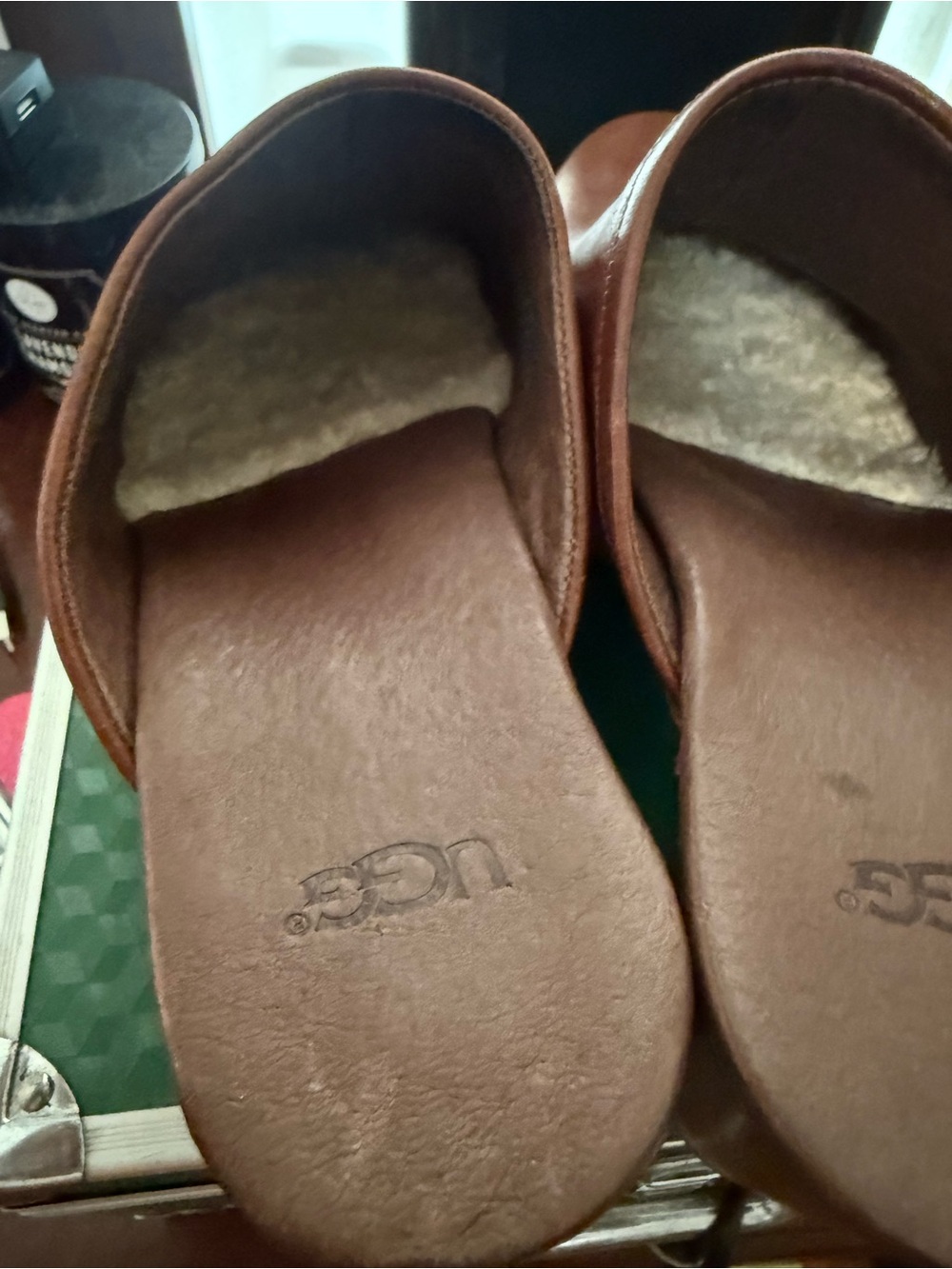 UGG women Chestnut Brown Leather Slip-On Mules - Picture 6 of 7